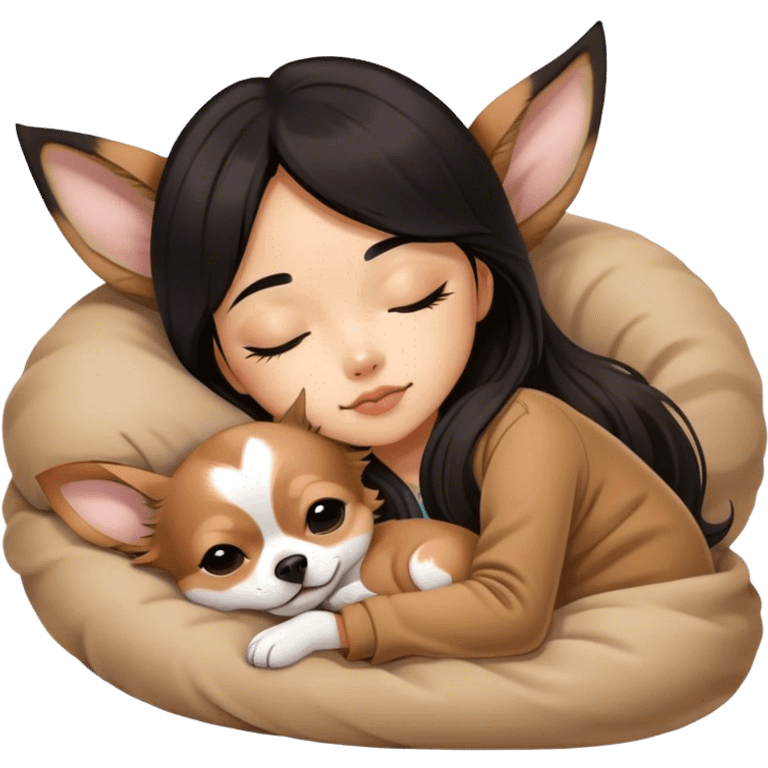 -longhair-chihuahua- with Brown Merle coat Coquette teenage cute asian black hair girl sleeping  emoji