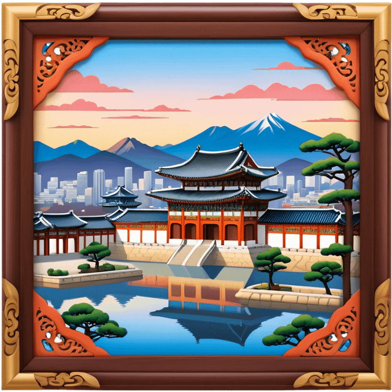 Cinematic Realistic Gyeongbokgung Palace Landmark Emoji, rendered with traditional Korean architecture, ornate wooden carvings, and vibrant colors, set against the backdrop of modern Seoul with soft evening light. emoji