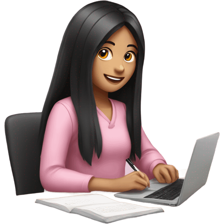 smiling girl with long black hair studying writing on a pink laptop emoji