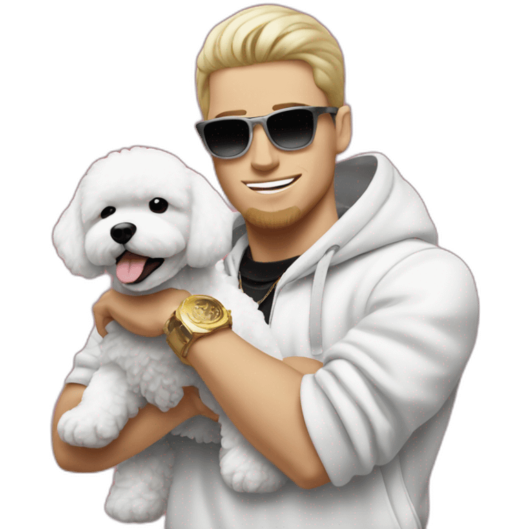 white male rapper flexing with a bichon emoji