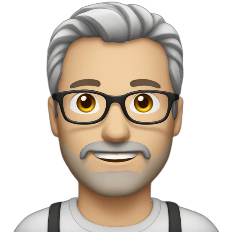 caucasian Man aged 40. Brown eyes. black glasses. Short stripped hair and short gray beard. B emoji