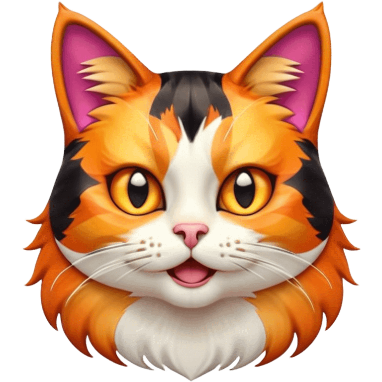 Cinematic Comical Calico Cat Portrait Emoji, Head tilted dramatically with an exaggeratedly surprised expression, showcasing a vibrant patchwork fur of orange, black, and white with wide, comically expressive eyes, simplified yet hilariously detailed, glowing with a sassy, golden radiance, high shine, exuding playful mischief and cheeky feline attitude, styled with a soft glowing outline, capturing the essence of a calico cat that looks ready to leap off the screen with mischievous flair! emoji