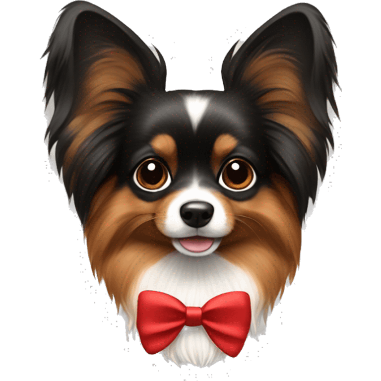 Small furry black and brown papillon breed dog wearing red bow emoji