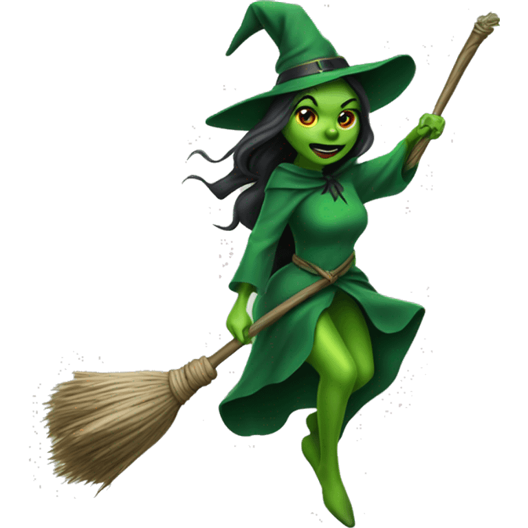 green skinned witch flying on broom stick emoji