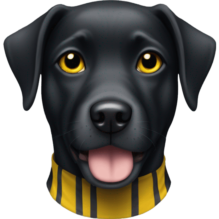 Black dog with yellow eyes outdoors with white stripe down chest  emoji