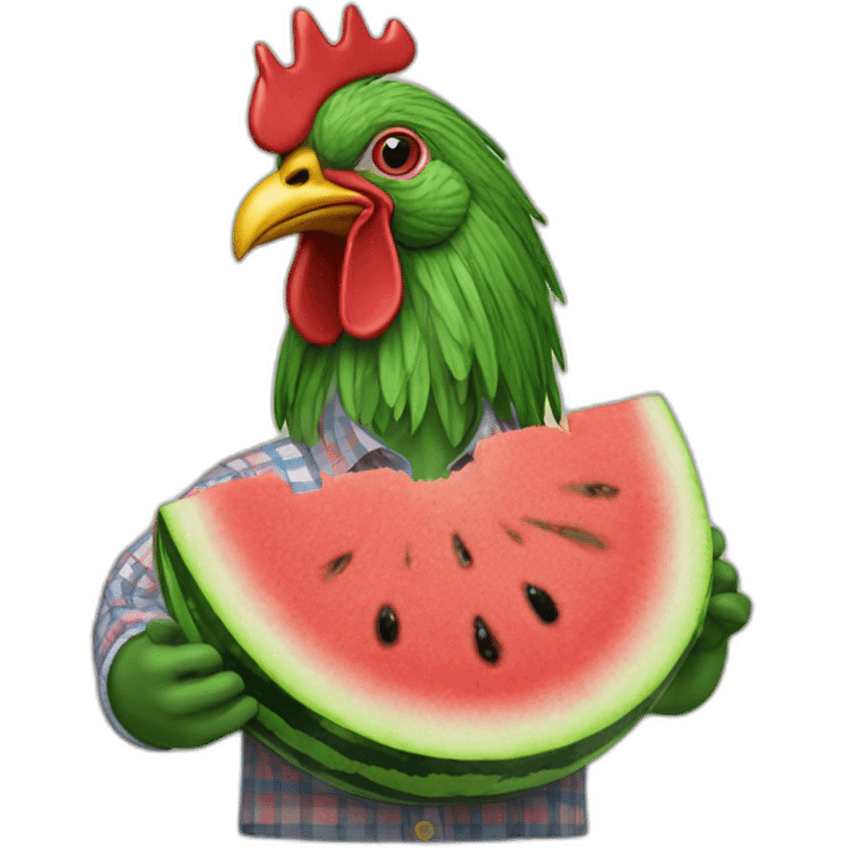 A COCKEREL IN AN EMBROIDERED SHIRT WITH A WATERMELON IN HIS HANDS emoji