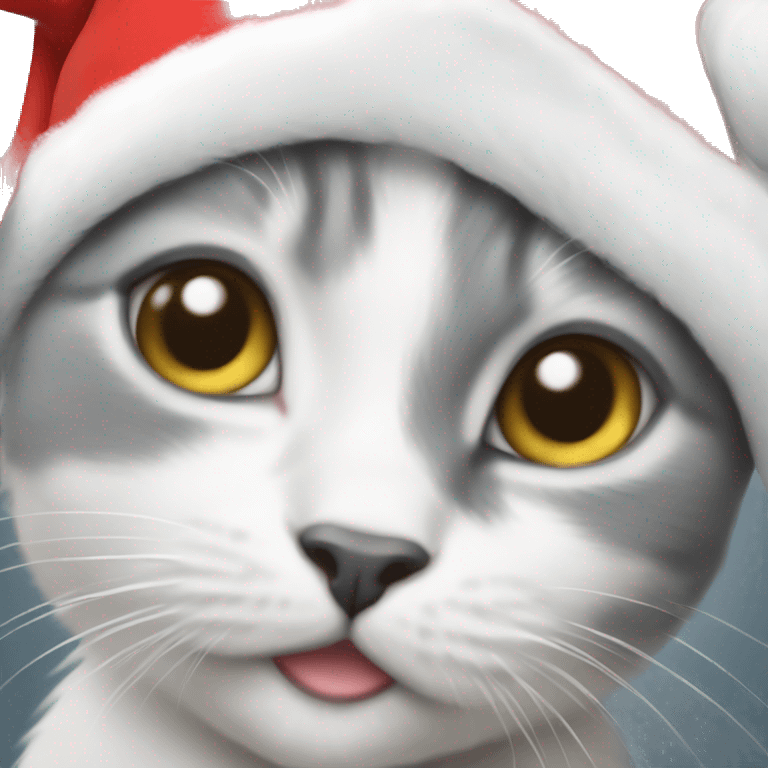 A white and grey kitten wearing a Christmas hat  emoji