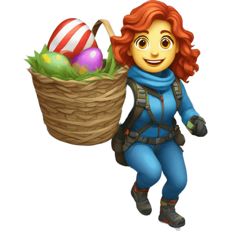 Female winter mountain climber red wavy hair climbing with Greek flag on backpack and holding Easter eggs basket emoji