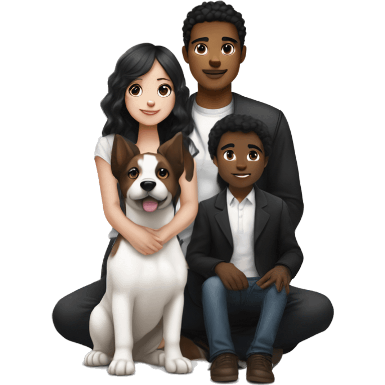 girl with white skin and black hair sitting next to a man with white skin and black hair, a black and white puppy sitting next to them and also a brown puppy sitting next to them emoji