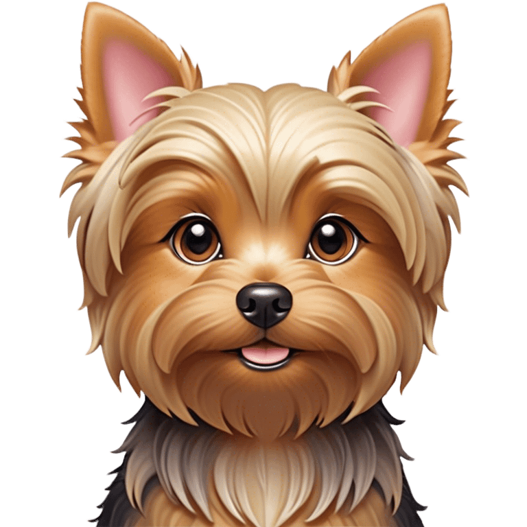 Cinematic Cute Yorkshire Terrier Portrait Emoji, Head perked with bright, twinkling eyes and a perky expression, showcasing a soft, silky fur in rich hues, simplified yet adorably detailed, glowing with a cheerful, inviting glow, high shine, exuding playful intelligence and spunky charm, styled with a gentle, whimsical outline, capturing the essence of a cute Yorkshire Terrier that appears ready to frolic off the screen with irresistible energy! emoji