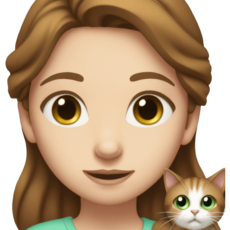 a girl with light blue eyes and brown hair down holding a while cat with green eyes emoji