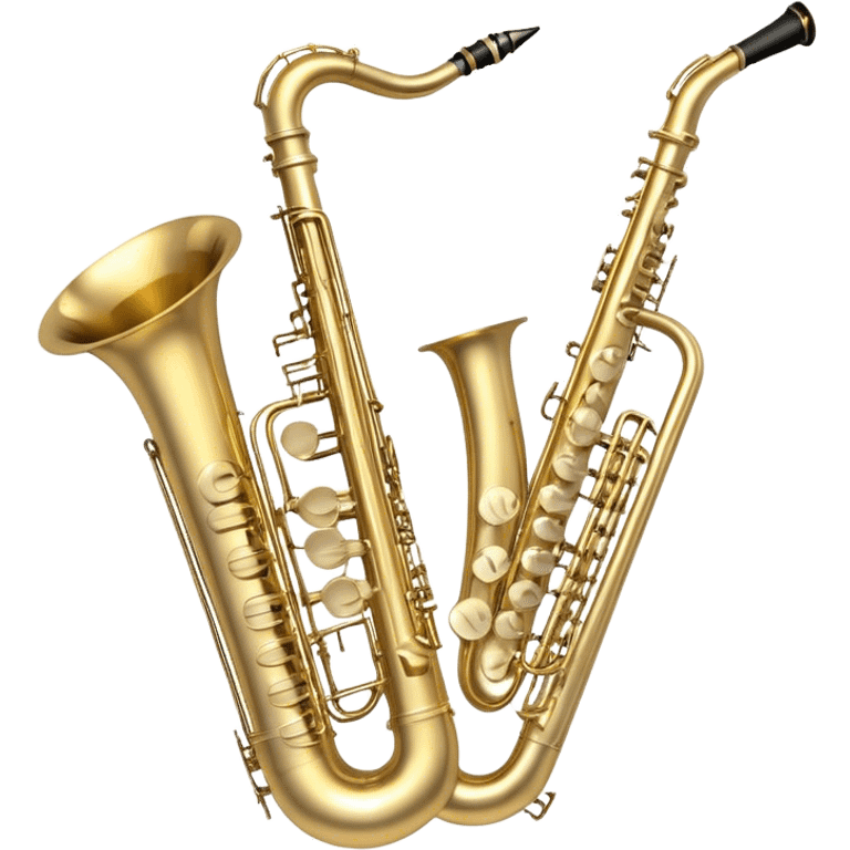 Create a professional, harmonious emoji collage symbolizing wind instruments.  The instruments should be in metallic gold, silver, and brass tones, with subtle reflections to convey a professional and polished appearance. Add soft musical notes or soundwaves to surround the instruments, creating a sense of movement and sound. The background should be transparent, ensuring all instruments are the focus and the composition remains harmonious and balanced. emoji