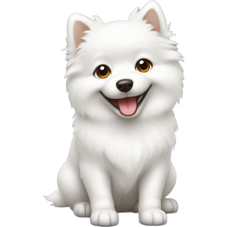 white spitz puppy sits and smiles, he has brown eyes emoji