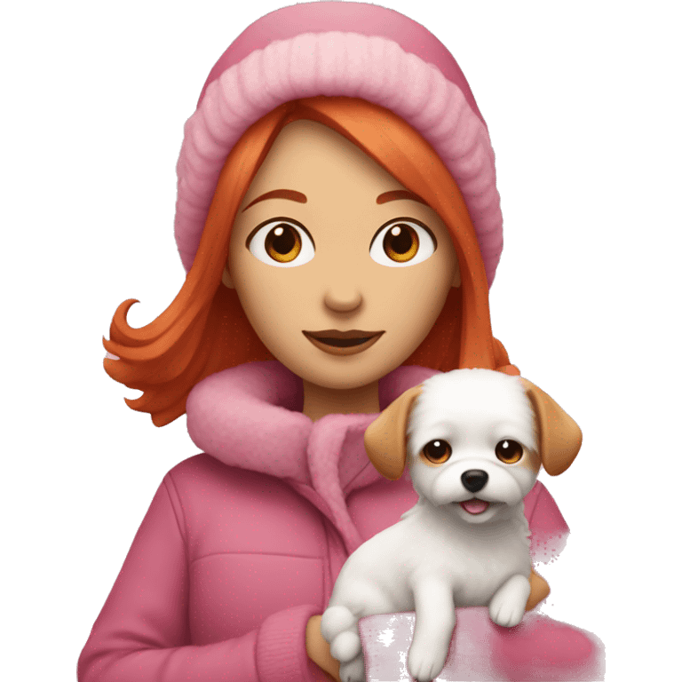 Woman with red hair wearing pink winter clothes holding a small white fluffy dog emoji