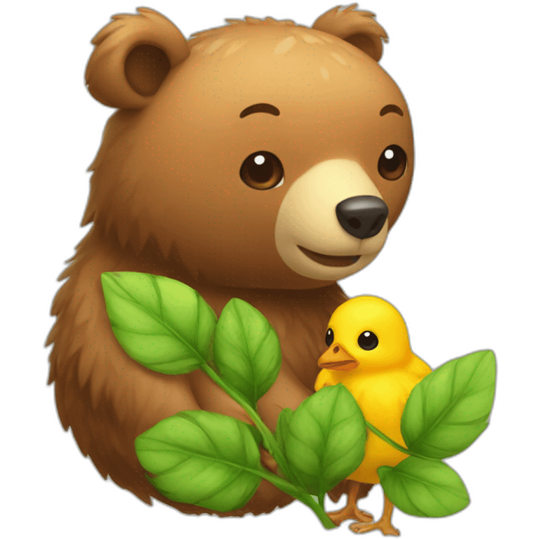 A brown bear and a female baby chick with plant on head emoji