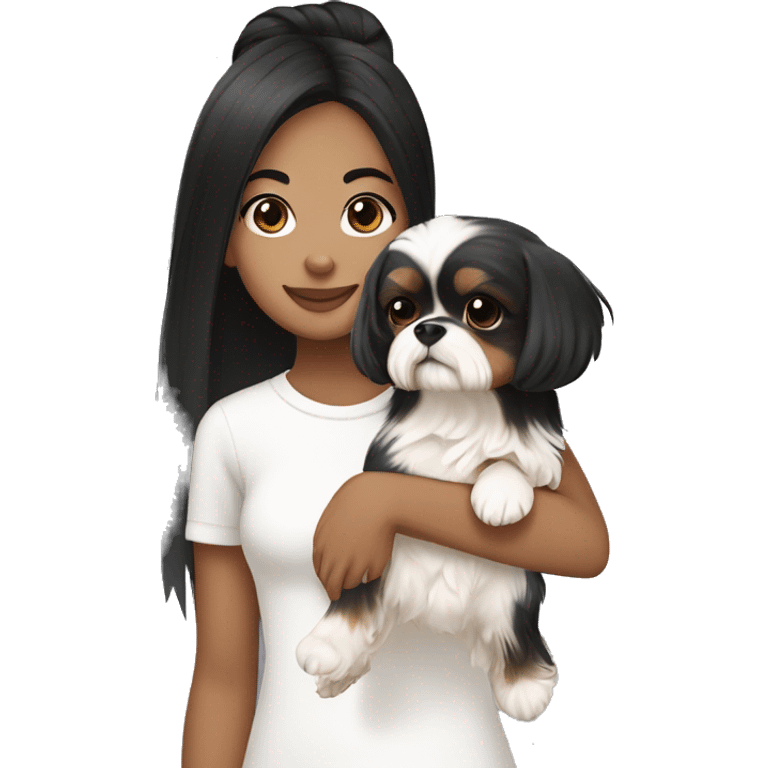 Black hair Asian girl wearing white and holding a Yorkie Shih Tzu puppy black and beige￼ emoji