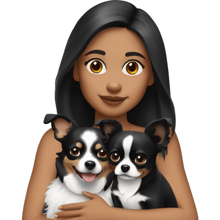 Black haired Woman with black tri mini Aussie and black tri chihuahua  emoji