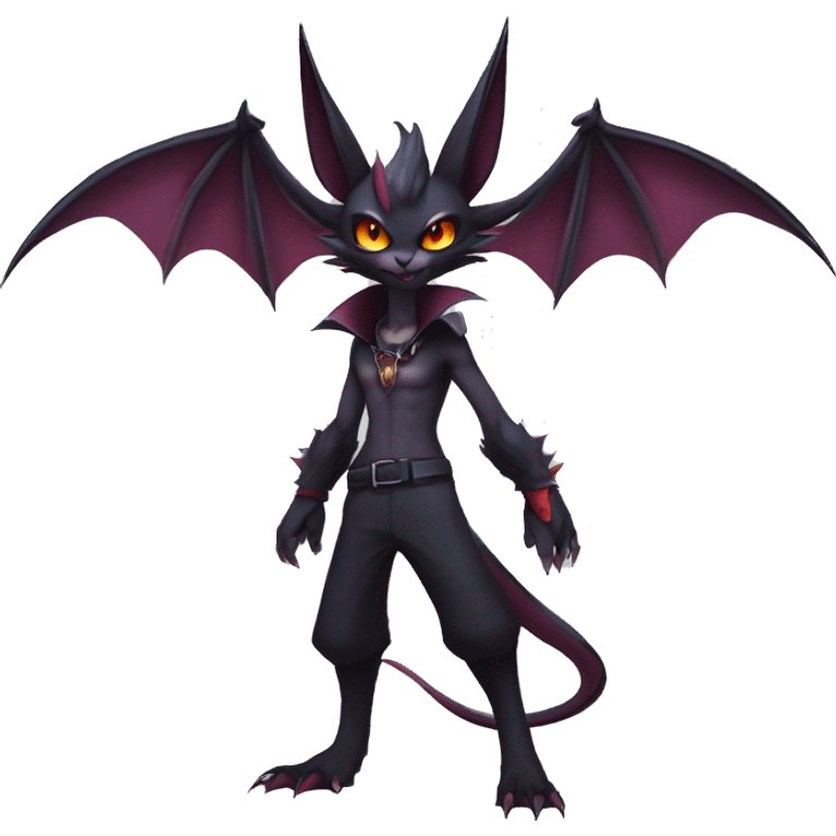  Anthro Kawaii Edgy Cool Vampiric Demonic Beautiful Noivern-Nargacuga-Litten with big Bat Ears and wearing a cap and collar e full body emoji