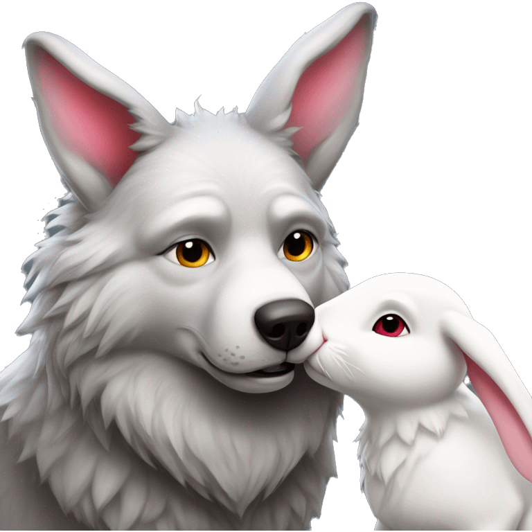 Old Wolf kisses a white Bunny who has pink ears, with big red heart between them emoji