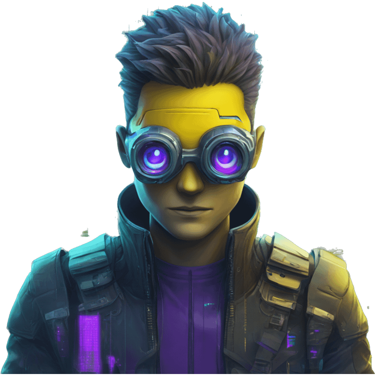 Secret human yellow emoji face agent with  cyberpunk elements with a spyglass scanning looking reviewing multicolor lines of code, cyan and purple colors, only upper body portrait emoji