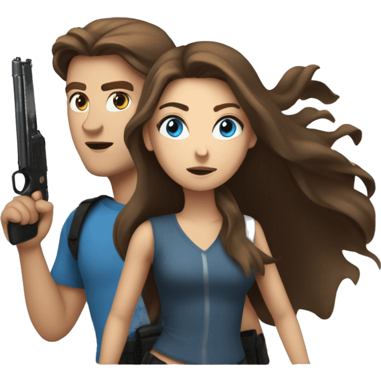 a beautiful young woman with long brown hair and blue eyes with a gun runs after a guy with brown hair and gray eyes emoji