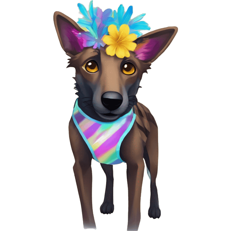  brindle brown black maroon striped lurcher Alsatian fox running blue eyes and iridescent holographic oilslick harness wearing paper iridescent tropical flower crown yellow caution tape emoji