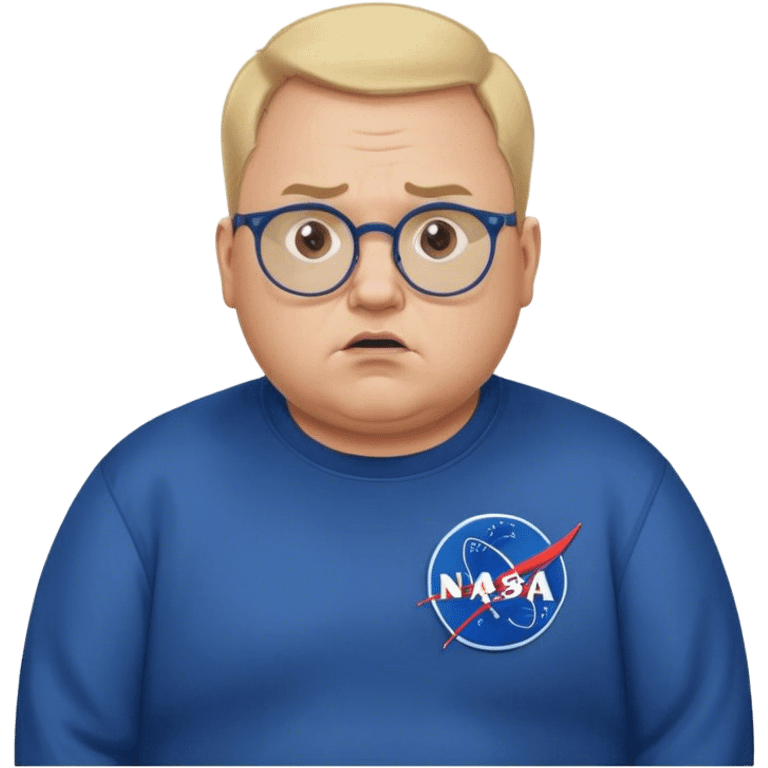 angry chubby man, with blond short and hight receding hairline, wears a dark blue sweatshirt, nasa logo on the sweatshirt, round glasses without frame, 40 years old emoji