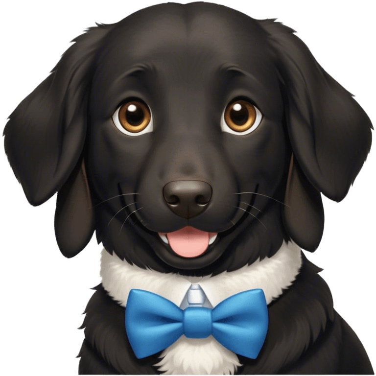 Black, flat-coated retriever, smooth fur with  fluffy ears, smiling face, subtle patch of white fur in her lower chest, blue bow tie collar, brown eyes emoji