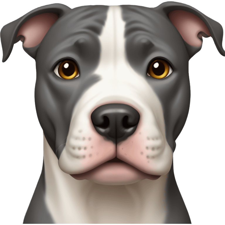 dark gray pitbull with a white vertical spot in the middle of the neck, with beige eyes emoji