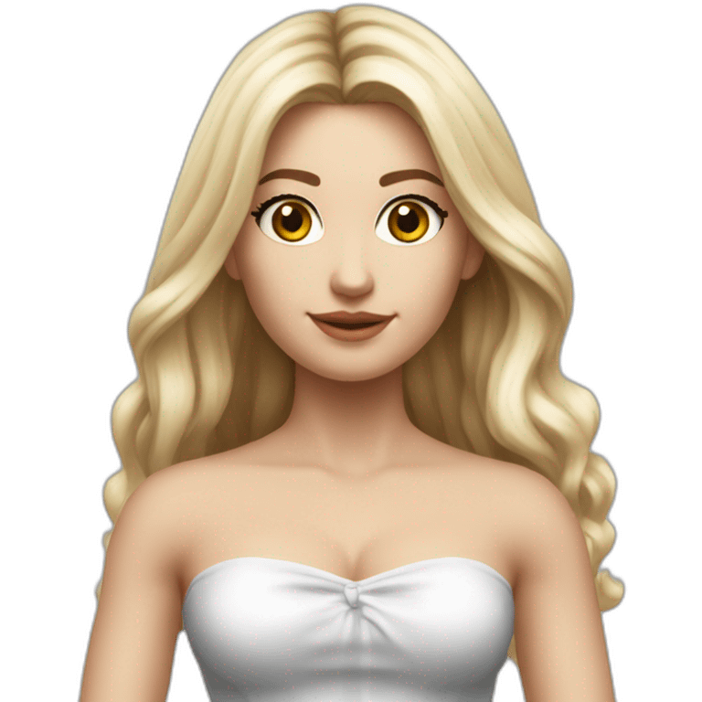 hyperrealist caucasian long hair blonde brown eyes strapless white top gray tight mini skirt black shoes full body emoji