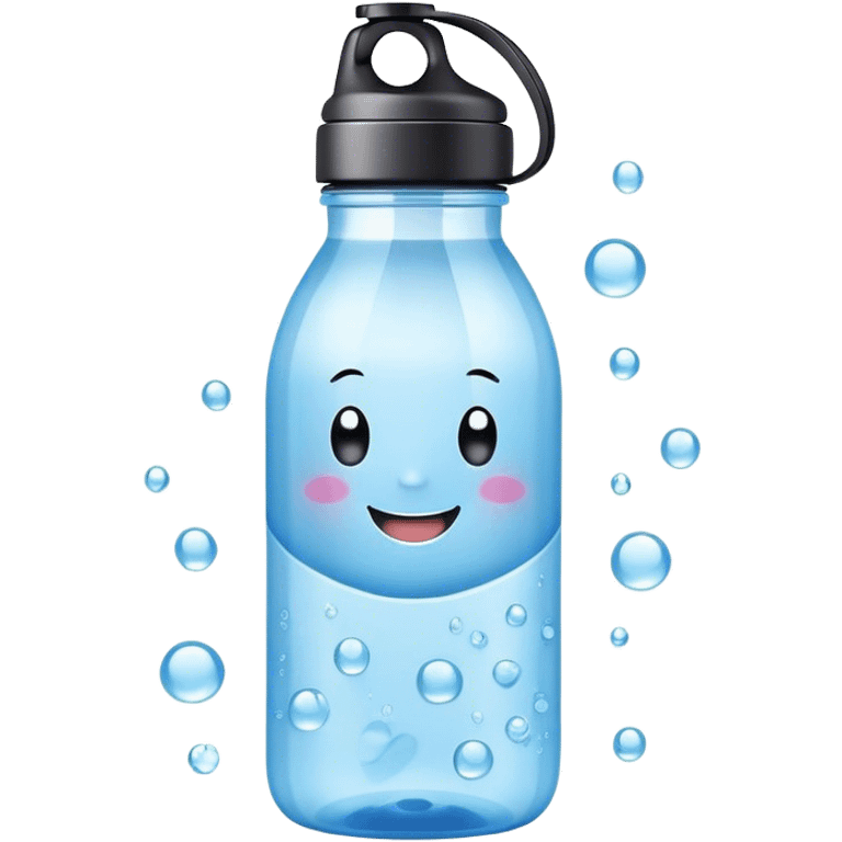 Cute Kawaii Water Bottle, round and bubbly, soft blue with tiny water droplets around, a happy smiling face, gentle glowing highlights, fresh and refreshing vibes! emoji