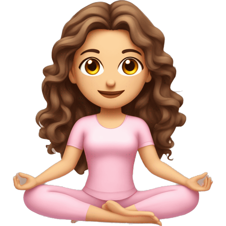 Brunette long curled hair and hazel eyes yoga beautiful girl in light pink clothes sitting on a yoga mat emoji