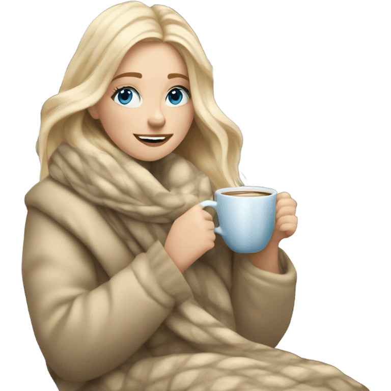 Blonde hair blue eyed white girl covered in blanket winter vibe sitting on a cozy chair holding coffee sitting next to a snowy window emoji