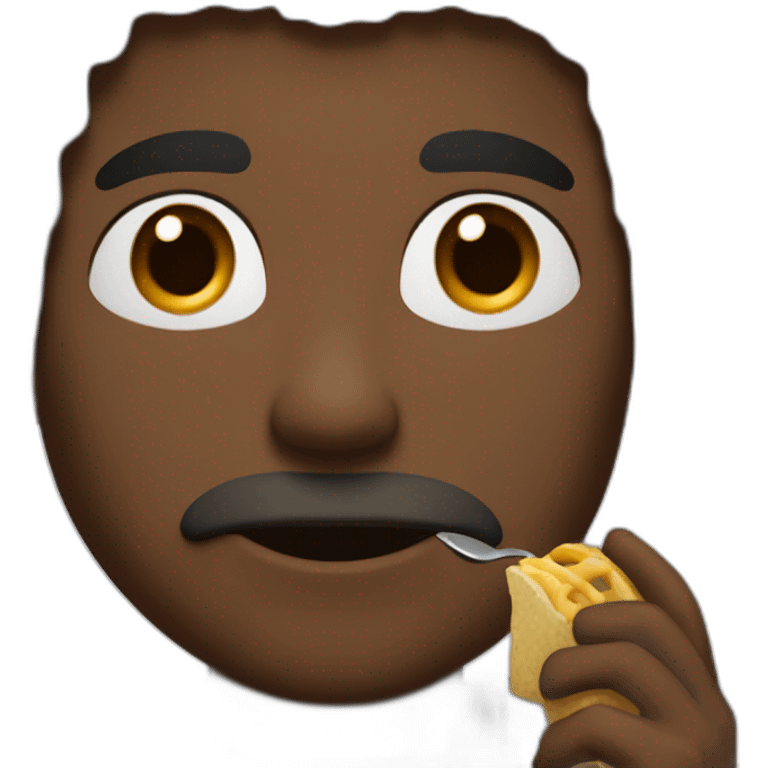 A man with brown skin, blanck hair and black eyes eating hal emoji