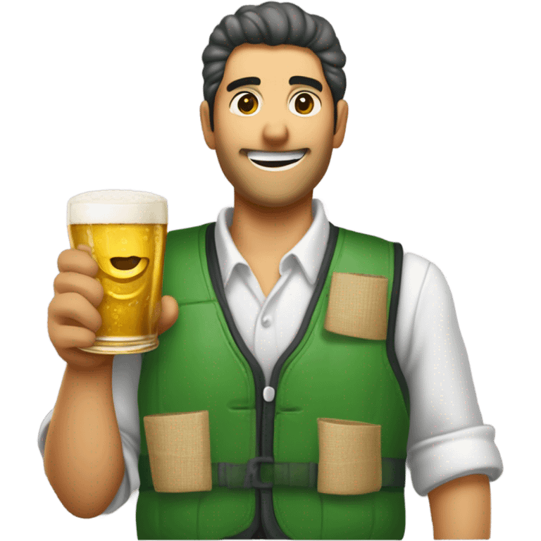 un vendedor con un palo de ciego, un chaleco verde, y tiras de cupones en el chaleco, bebiendose una cerveza emoji