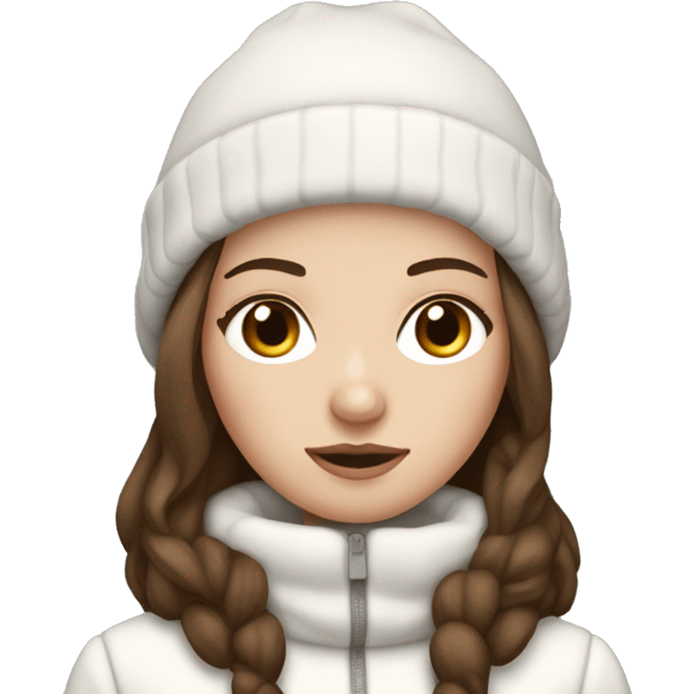 white girl with brown hair and dark brown eyes wearing a white and brown winter outfit emoji