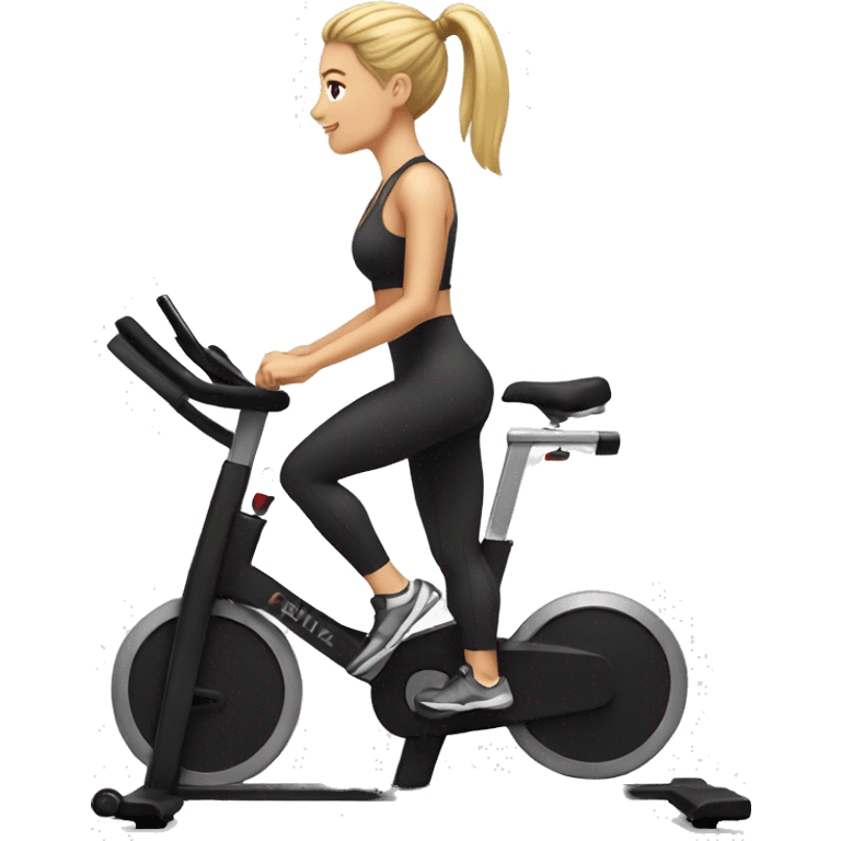 Blonde woman with ponytail and leggings on stationary bike emoji