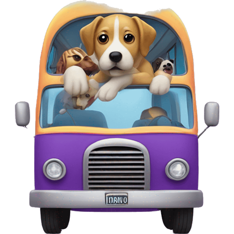 Dog on a bright purple double decor bus with a rain bow above it and animal passengers behind him emoji