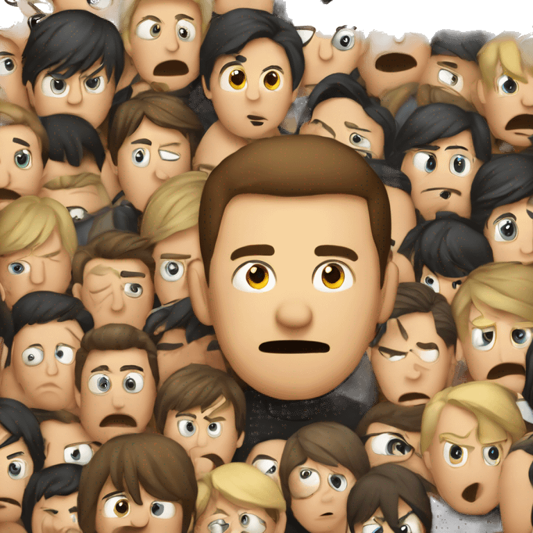 one person centered surrounded by a lot of people looking at him angry. The one person looks sad emoji