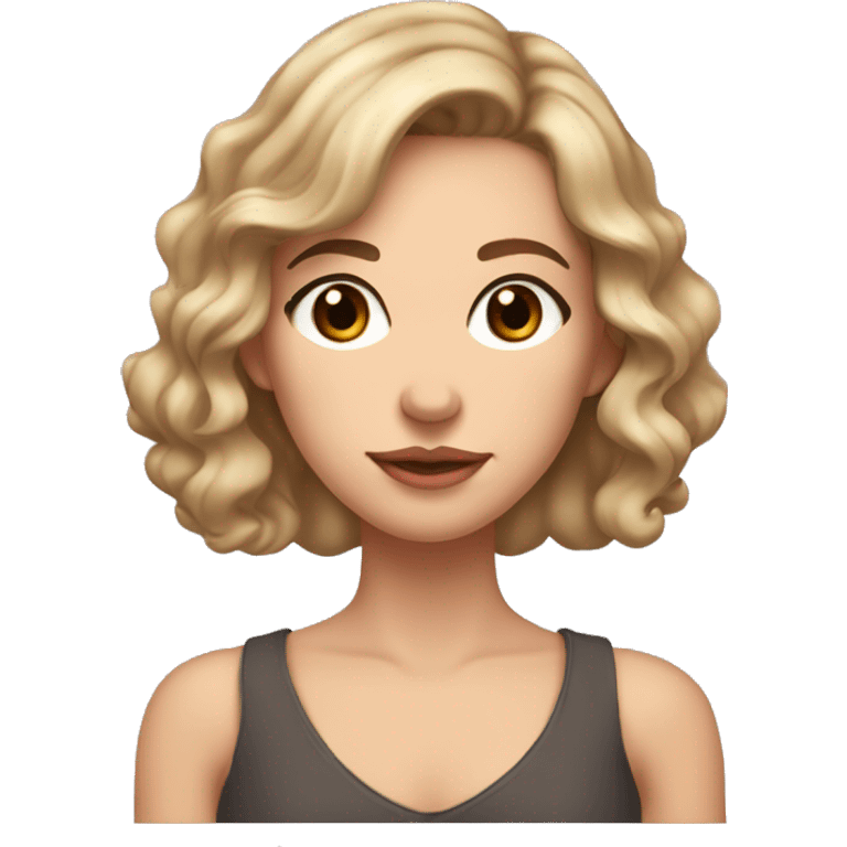 Woman with brown hair with spit blonde underneath, wavy at her shoulders. Brown eyes. Peachy lips with no cupids bow. Subtle freckle spots around her face. emoji