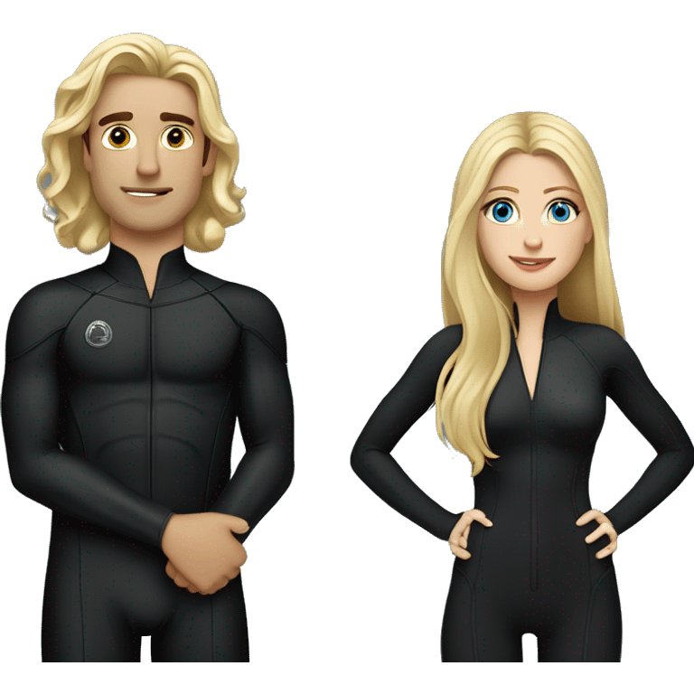 blonde white woman long hair wearing all black standing next to Jack Schlossberg dark hair in a wetsuit emoji