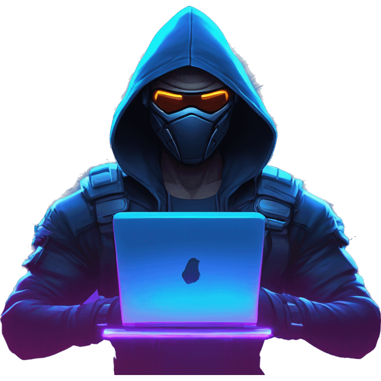 developer behind his laptop with this style : crysis Cyberpunk Riot Games Valorant neon glowing bright blue character blue black hooded assassin themed character emoji