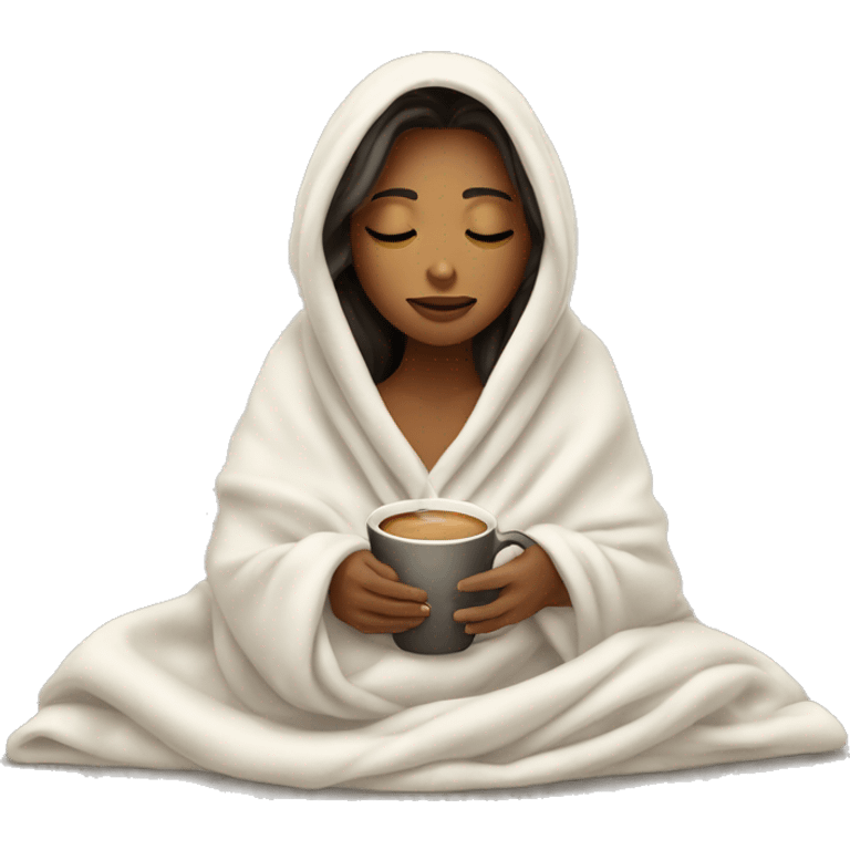 girl inside a blanket sipping coffee eyes closed, white  emoji