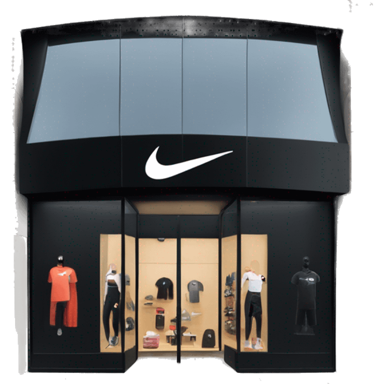 “Nike store exterior with a black facade, iconic swoosh logo, large glass windows displaying athletic wear, and sleek entrance doors.” emoji