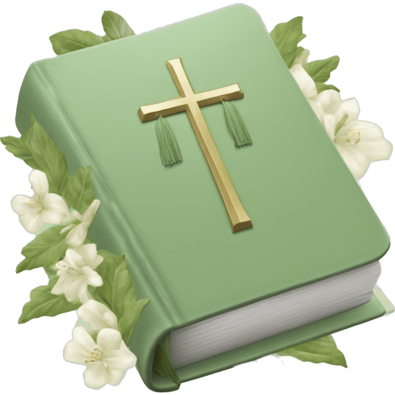 Open Light Sage green holy Bible with a light coloured gardens coming from the sides of the Bible  emoji