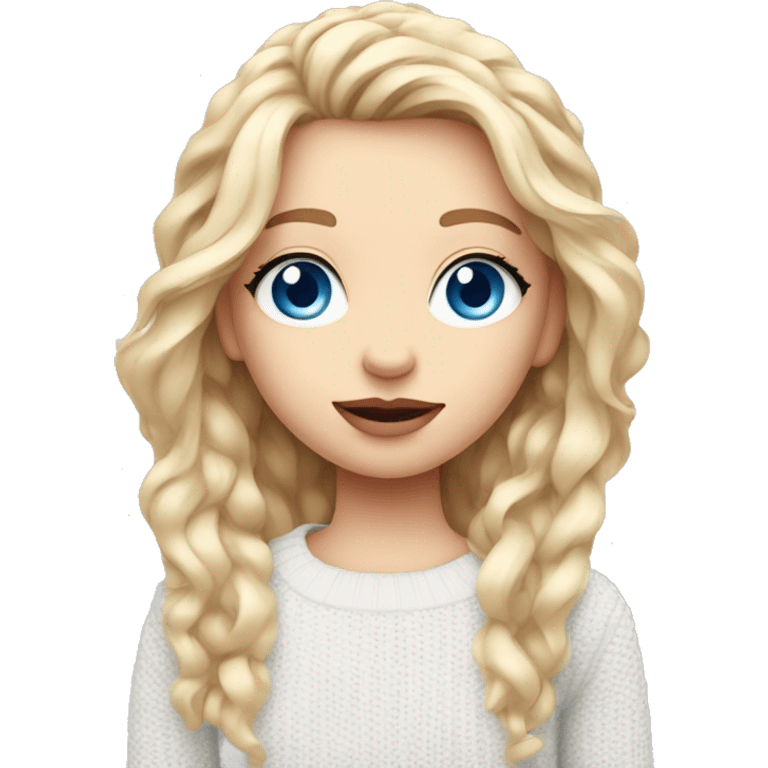 girl with fair hair big blue eyes small face big pink lips long hair in white sweater emoji