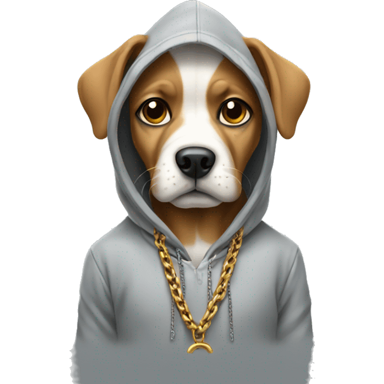 Dog wearing a hoodie with chain emoji