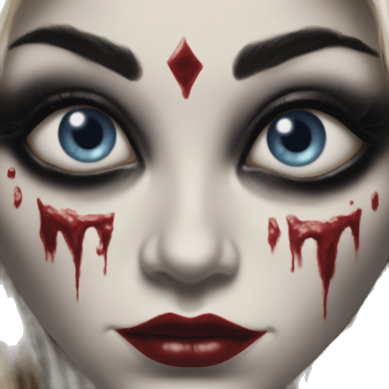 Lordi in Harley Quinn style, oil paint, mysterious eyes, intricate lips, masterpiece portrait, odd perspective, beautiful, desirable, logical emoji