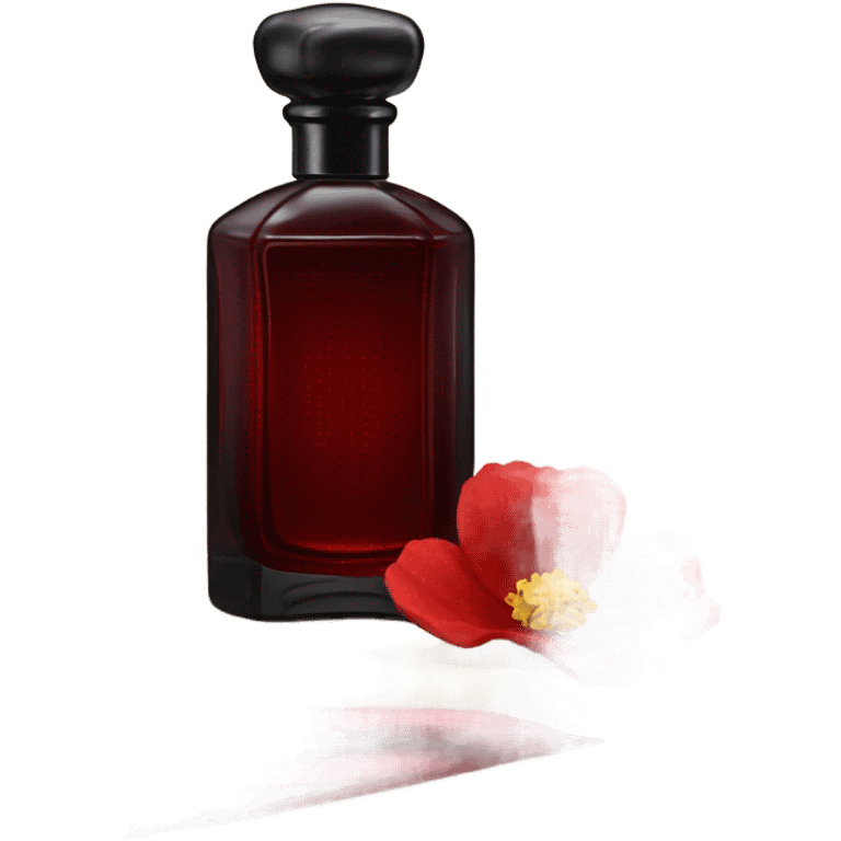 Dark red sophisticated perfume bottle with red buttercups and a silk scarf emoji