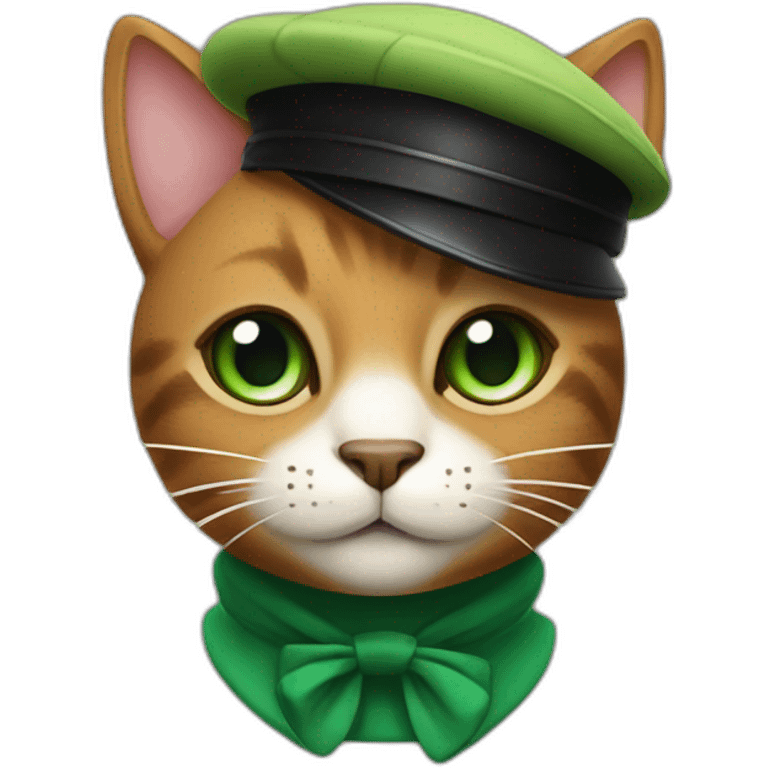 Brown cat with black stripes and white mustache and the contour of the white mouth and green eyes with a brush pencil and a black beret and a color palette emoji